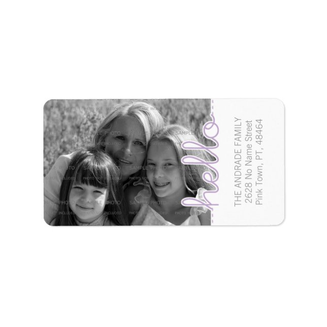 Étiquette Photo mignonne violet blanc Bonjour texte vertical (Devant)