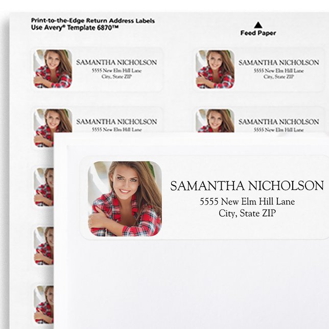 Étiquette Photo Moderne Bords Arrondis Blanc (Modern white return address label personalized with your photo. Perfect for graduates.)