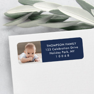 Étiquette Photo Navy Blue White Simple Modern Return Adresse