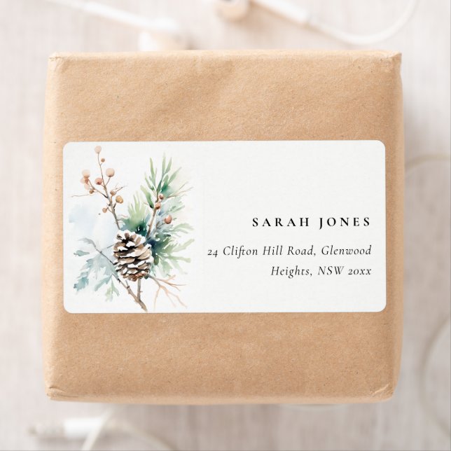 Étiquette Pine Cone Aquarelle Baies d'hiver Adresse (En situation)