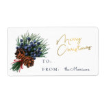 Étiquette Pine Cone Winter Bouquet Christmas Gift Tag<br><div class="desc">Elegant Christmas gift wrapping tag featuring hand painted illustration of a pine cone,  pine tree leaves,  and blue berries. It says "Merry Christmas" in a faux gold font.</div>