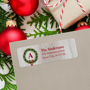 Étiquette Pine Wreath Monogram Holiday Return Address