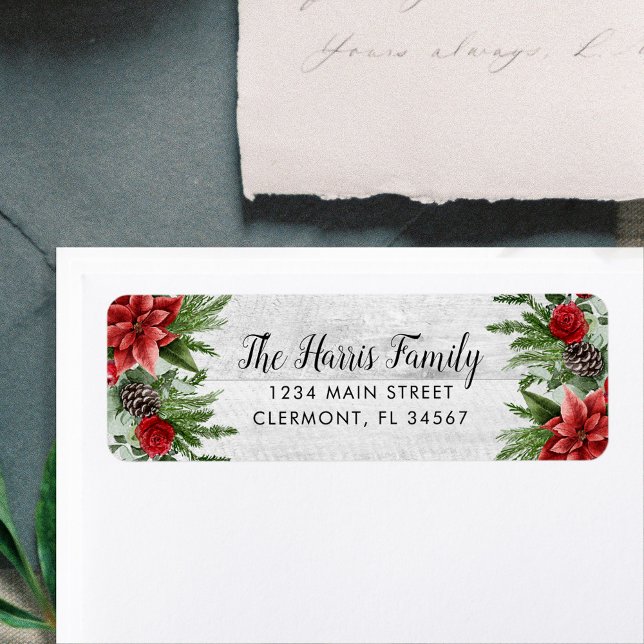 Étiquette Pinecone d'épinette et Poinsettia sur bois blanc (Créateur téléchargé)