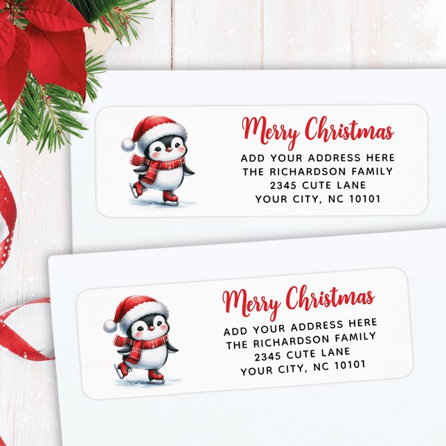 Étiquette Pingouin de patinage sur glace amusant en rouge Jo (Créateur téléchargé)