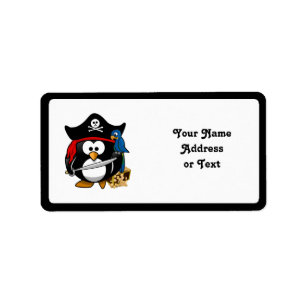 Étiquette Pingouin de pirate mignon avec coffre au trésor