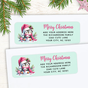 Étiquette Pingouin rose et menthe sur mesure Joyeux Noël