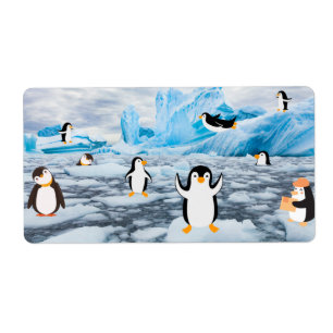 Étiquette pingouins mignons dans la glace de l'Antarctique