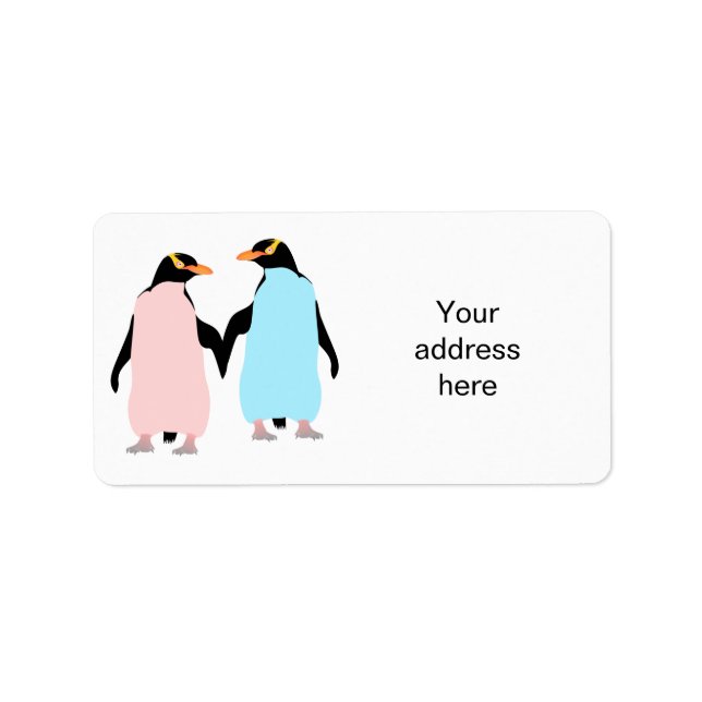 Étiquette Pingouins roses et bleus se tenant la main. (Devant)