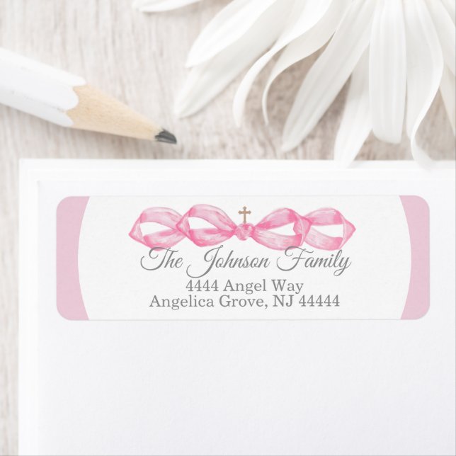 Étiquette Pink Bow Baptism Envelope Return Address Label (En situation)