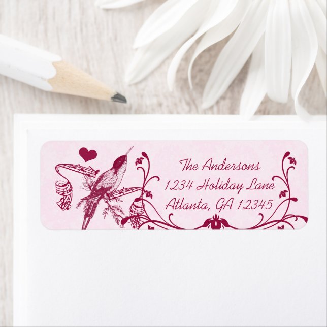 Étiquette Pink & Burgundy Damask Musical Vintage Hummingbird (En situation)