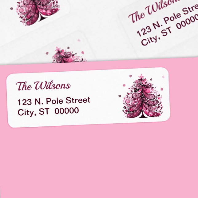 Étiquette Pink Christmas Whimsical Tree Adresse de retour (Pink Christmas Whimsical Tree Return Address Label)