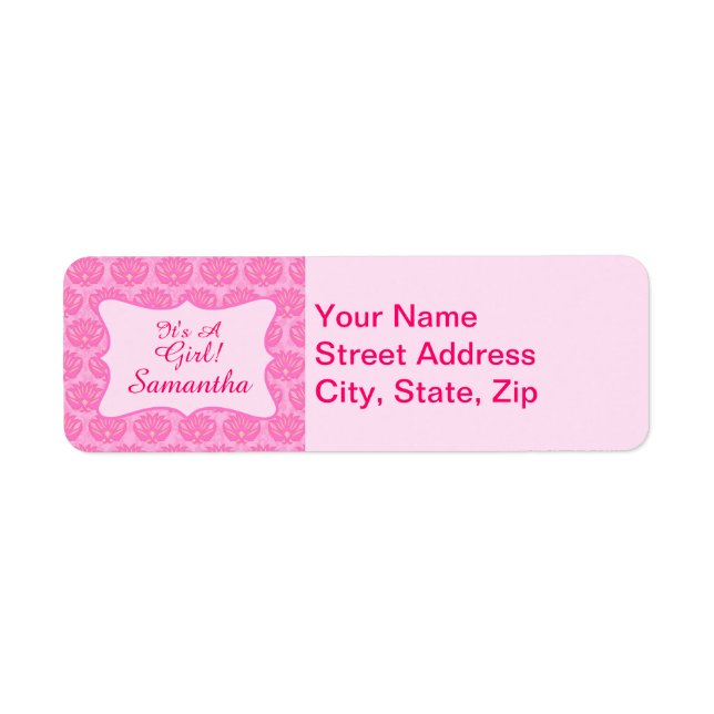 Étiquette Pink Damask Baby Girl Nom Naissance personnalisée (Devant)