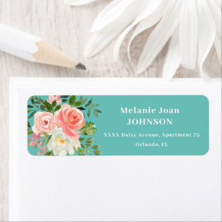 Étiquette Pink Floral and Teal Return address