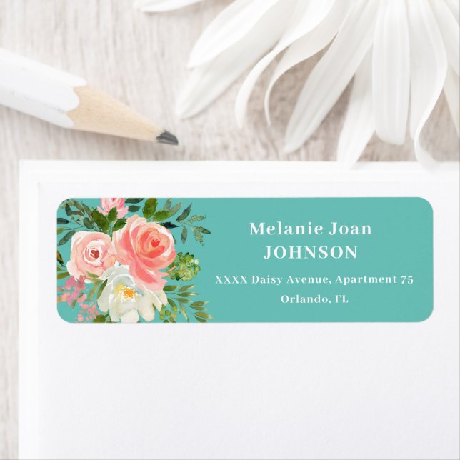Étiquette Pink Floral and Teal Return address (En situation)