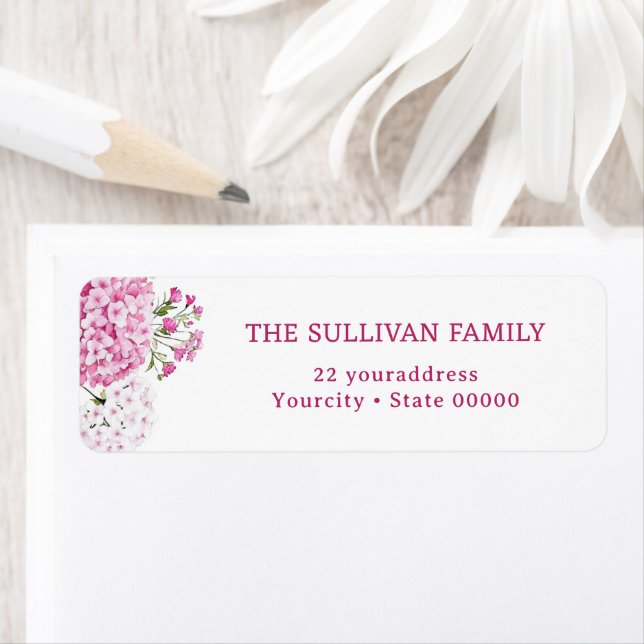 Étiquette Pink hydrangea return address label (En situation)