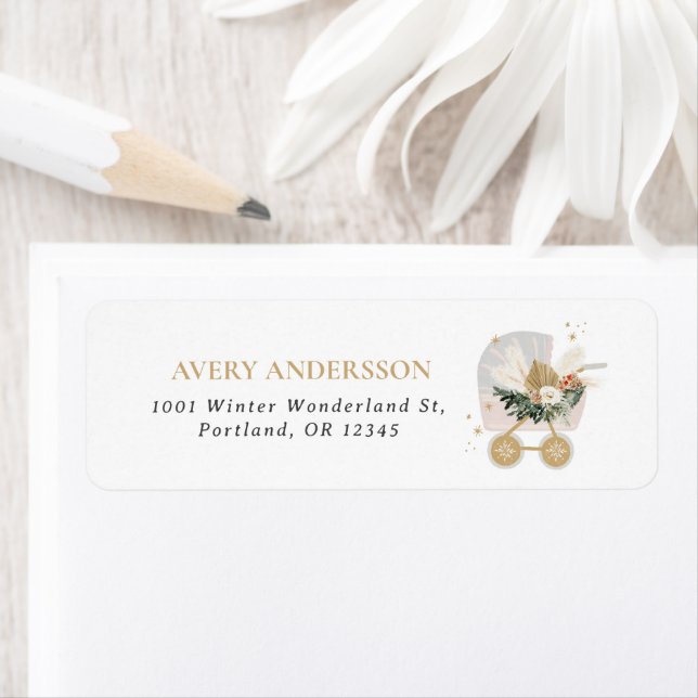 Étiquette Pink Snowflake poussette bébé Retourner l'adresse  (En situation)