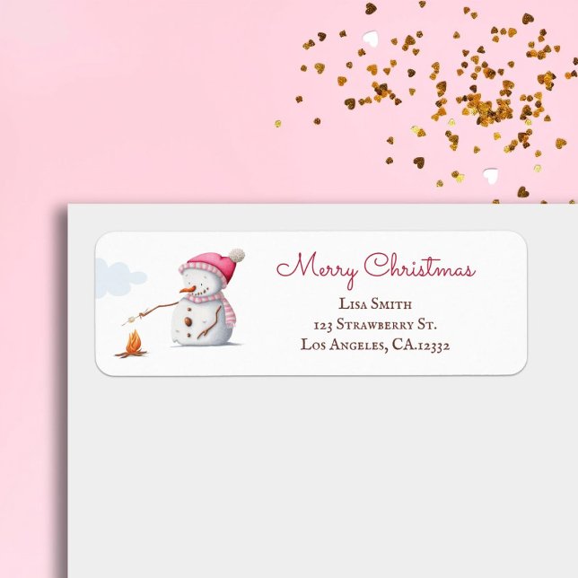 Étiquette Pink Snowman Marshmallows Noël Adresse de retour (Créateur téléchargé)