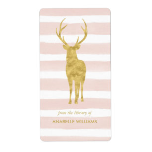 Étiquette Pink Watercolor Stripes et Gold Deer Boplate
