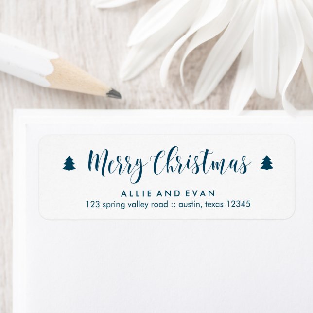 Étiquette Pins de Noël bleu et blanc (En situation)