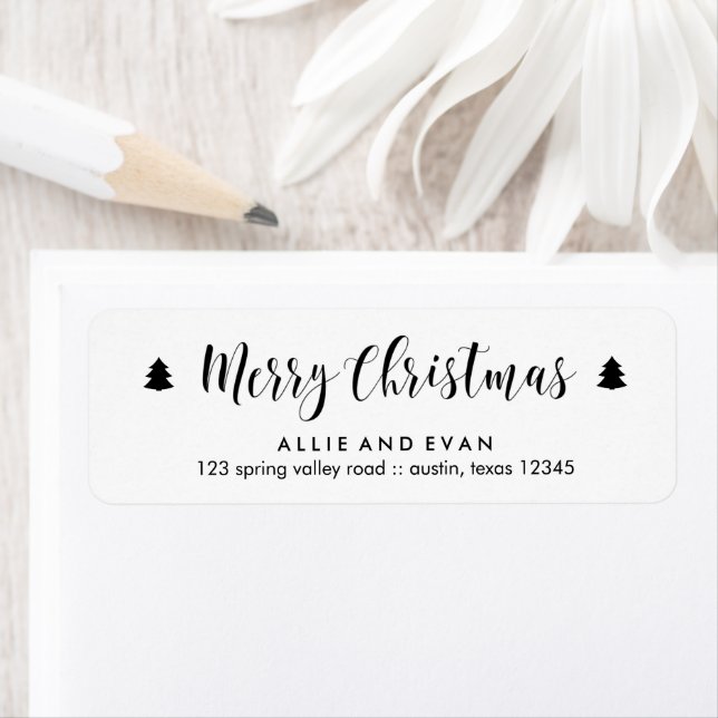 Étiquette Pins de Noël noirs et blancs (En situation)