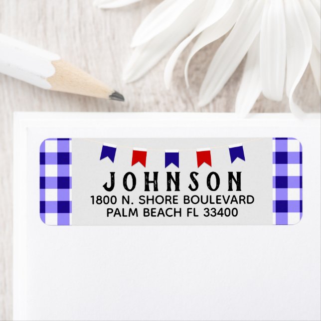 Étiquette Pique-nique et bannière | À damiers bleu nappe été (En situation)