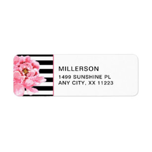 Étiquette Pivoines roses à la mode + adresse blanche noire