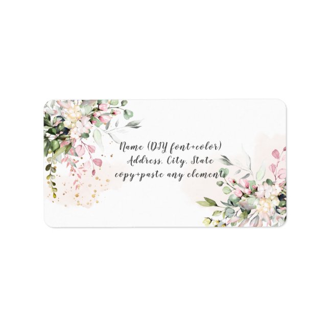 Étiquette PixDezines Aquarelle Florale Rose Pâle Eucalyptus (Devant)