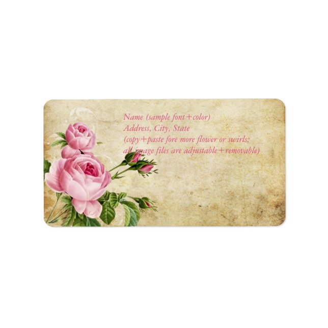 Étiquette PixDezines faux parchemin +roses vintages (Devant)