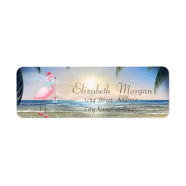 Étiquette Plage,Coucher de soleil,Palms, Flamant rose chapea (Devant)