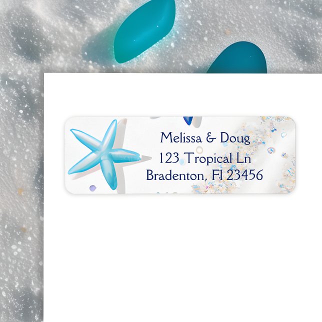 Étiquette Plage de sable blanc et de poisson d'eau bleue (Créateur téléchargé)