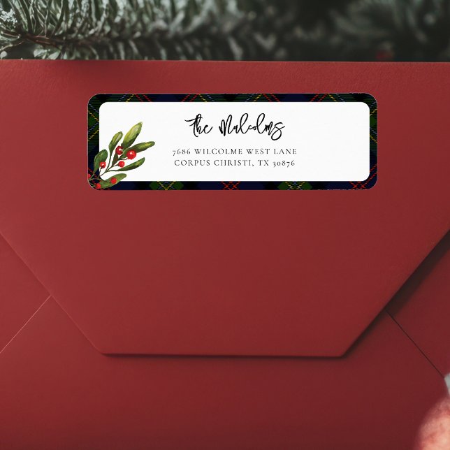 Étiquette Plaid Elegant Rustic Classic Tartan Adresse de ret (Red Berries Rustic Plaid Malcolm Tartan Return Address Label)