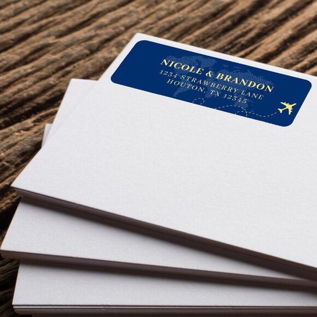 Étiquette Plan du monde bleu et jaune Destination Mariage (Blue & Yellow World Map Plane Destination Wedding Label)