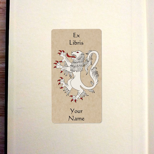 Étiquette Plaque Lion Rampant Argent (Lion Rampant Argent Bookplate in Old Book)