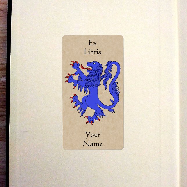 Étiquette Plaque Lion Rampant Azure (Lion Rampant Azure Bookplate in Old Book)
