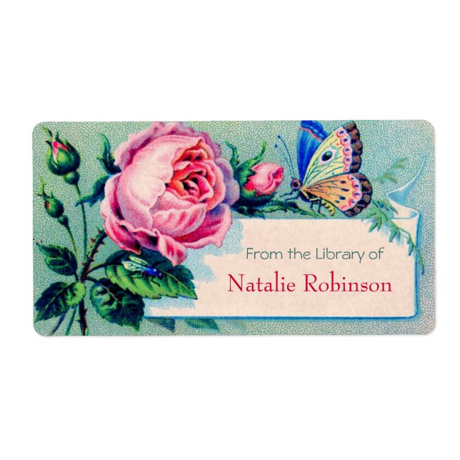 Étiquette Plaque Rose vintage et Papillon (Devant)