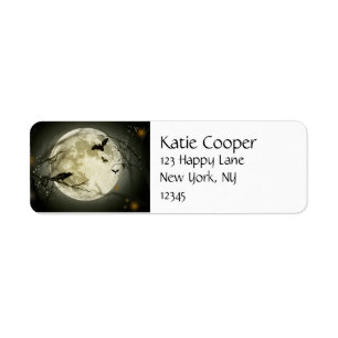 Étiquette Pleine lune avec chauves-souris et corbeau.