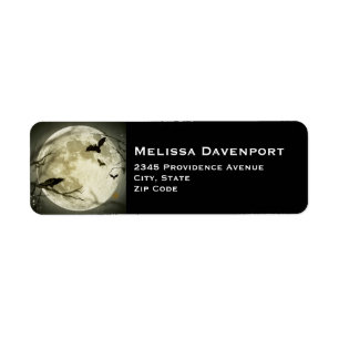 Étiquette Pleine lune avec chauves-souris et corbeau.