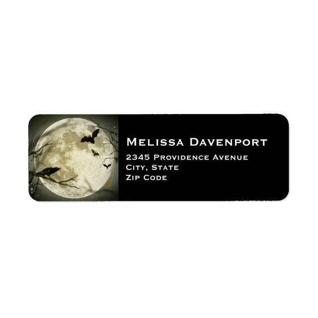 Étiquette Pleine lune avec chauves-souris et corbeau. (Devant)
