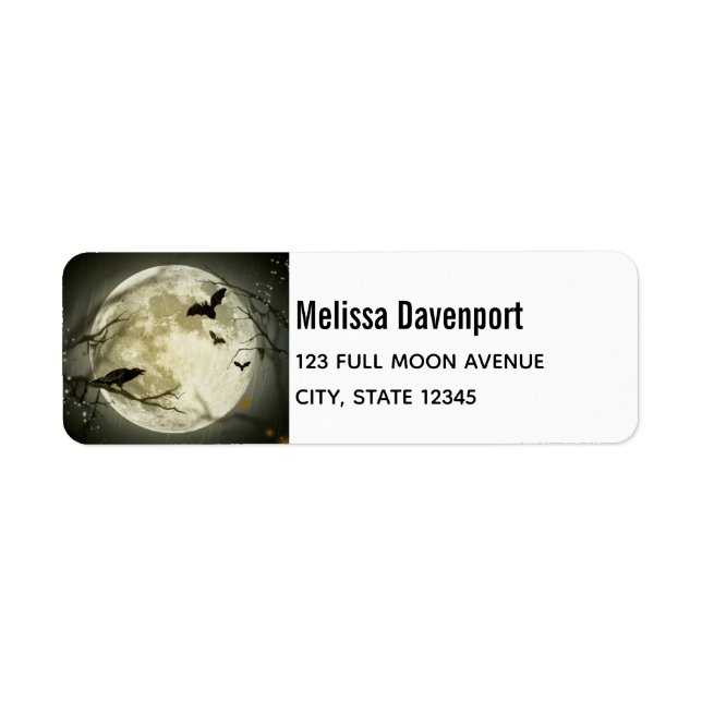 Étiquette Pleine lune avec chauves-souris et corbeau. (Devant)