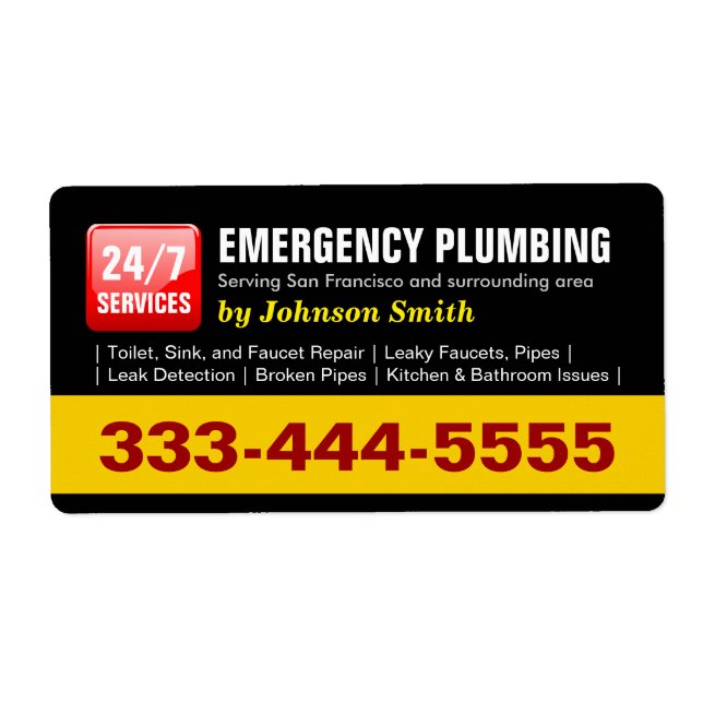 Étiquette Plomberie - SERVICES DE PLUMBAGE D'URGENCE 24 HEUR (Devant)
