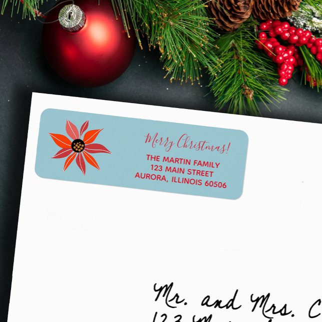 Étiquette Poinsettia Christmas Holiday Adresse de retour (Red poinsettia Christmas holiday return address labels)