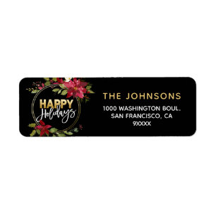 Étiquette Poinsettia Holly Wreath Red Gold Joyeuses vacances