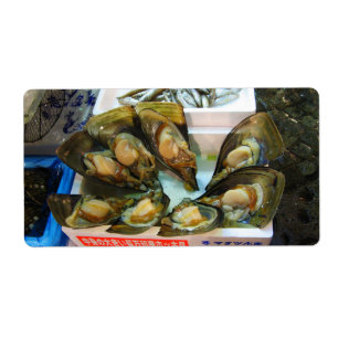 Étiquette Poissons de moules géantes Tsukiji, Tokyo, Japon