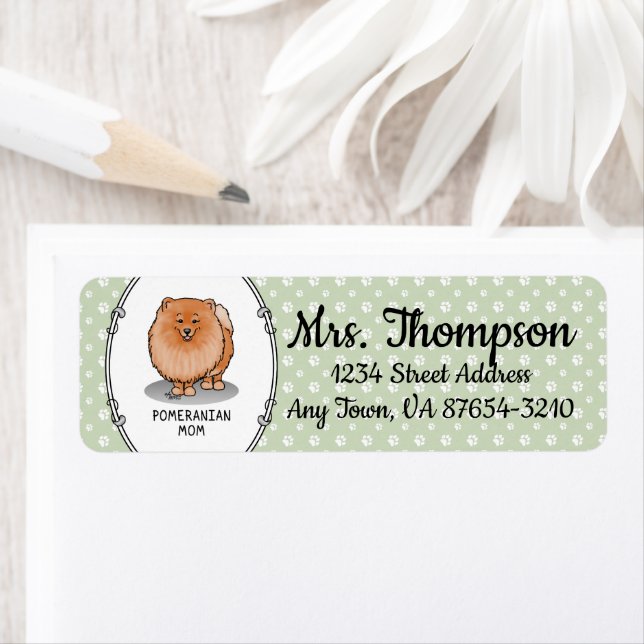 Étiquette Pomeranian Maman Pom Maman (rouge orange) Mignonne (En situation)