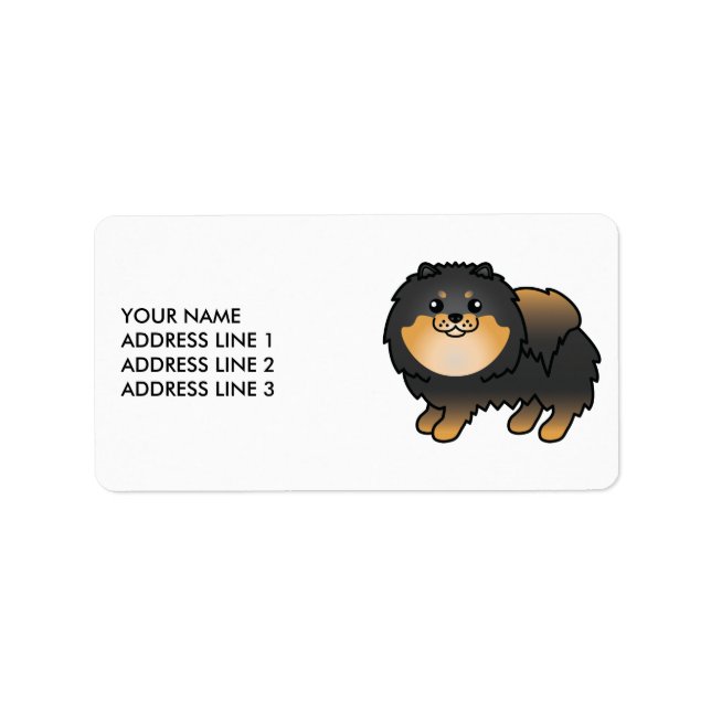 Étiquette Pomeranian noir et feu, chien de dessin animé mign (Devant)