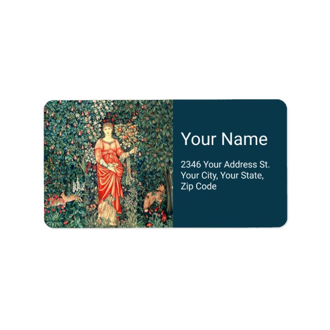 ÉTIQUETTE POMONA TENANT DES FRUITS EN VERDURE, ANIMAUX FORES (Devant)