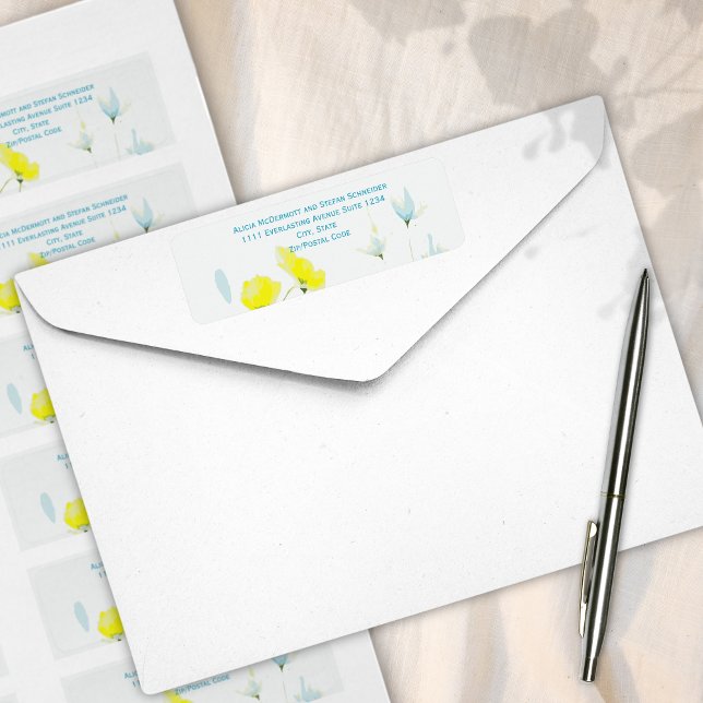 Étiquette Poppies rustiques simples bleues jaunes aquarelles (Créateur téléchargé)