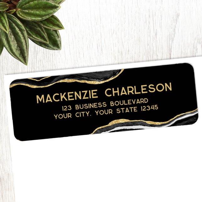 Étiquette Porte en marbre noir Parties scintillant en or Adr (Black gold marble agate geode professional return address label)