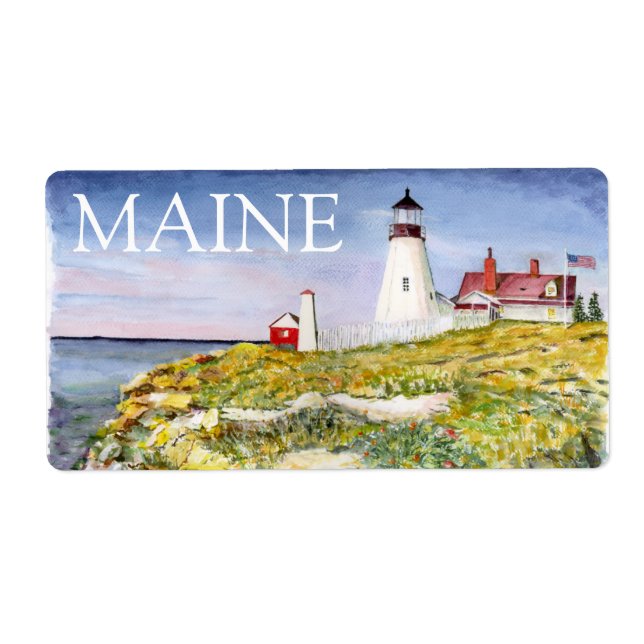 Étiquette Portland Head Lighthouse Maine Aquarelle Peinture (Devant)