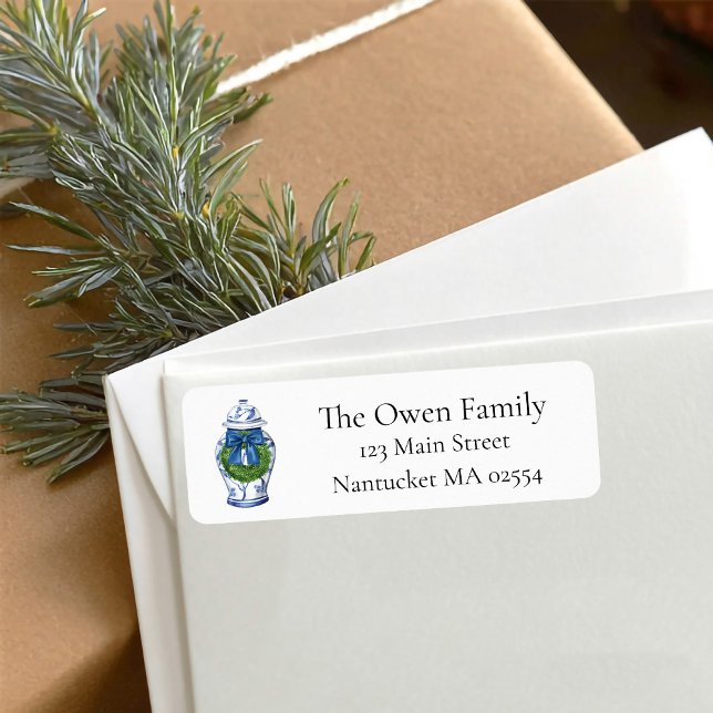 Étiquette Pot à gingembre bleu blanc en chinoiserie étiquett (Ginger jar wreath christmas return address label)